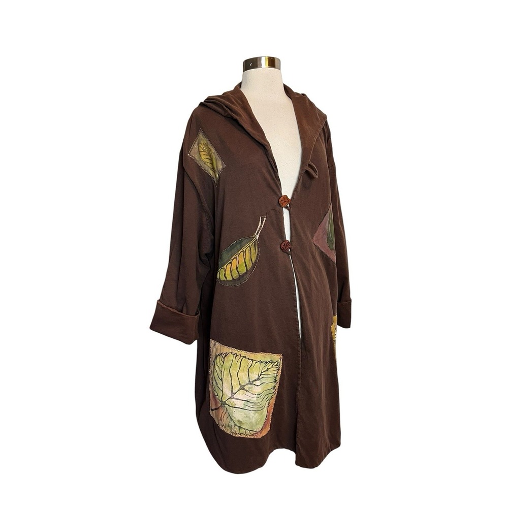 Vintage Blue Fish Long Coat Jacket OS Brown Lagenlook Hand Painted Hooded